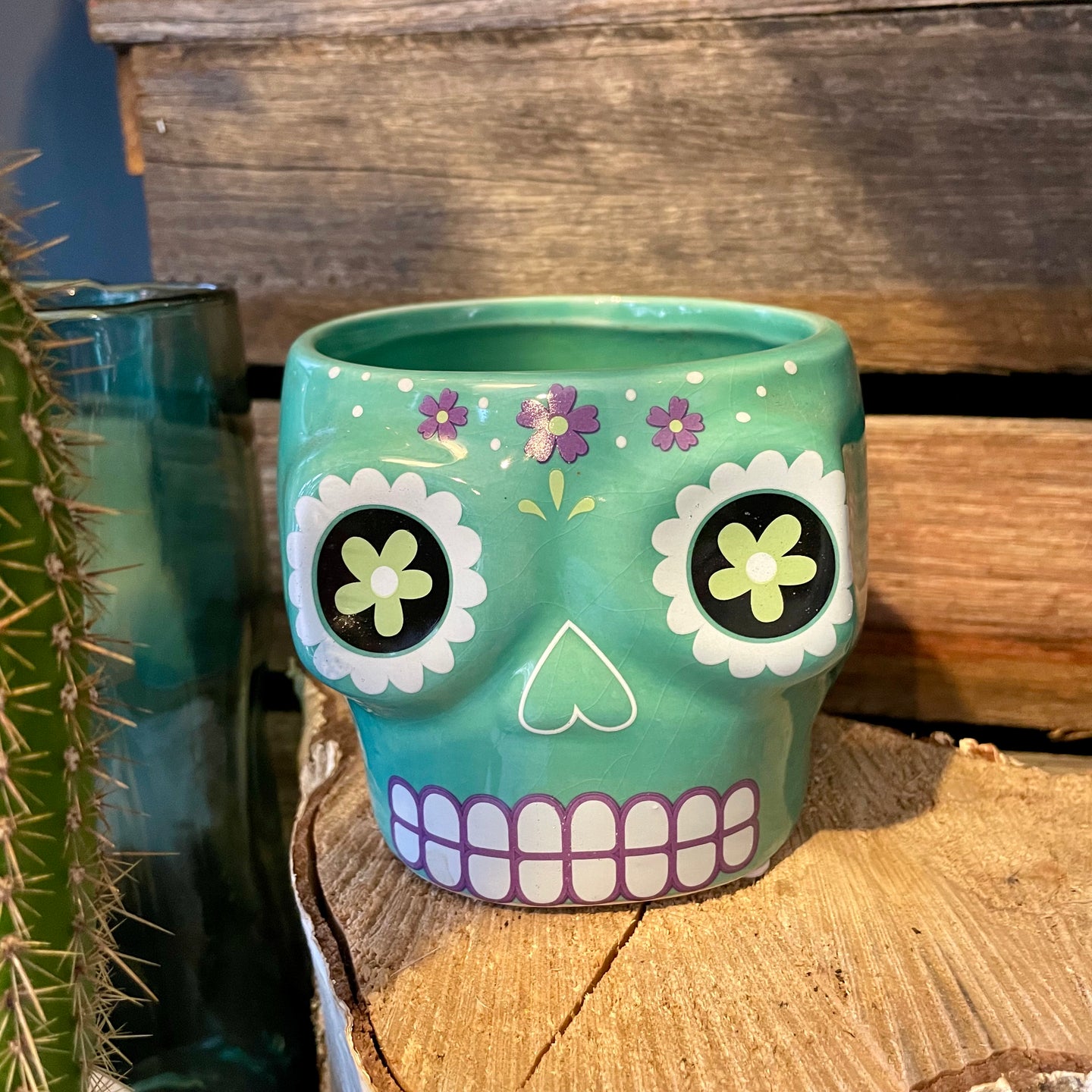 Green Ceramic Skull Planter Pot