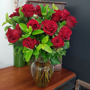 Two Dozen Roses in Glass Vase