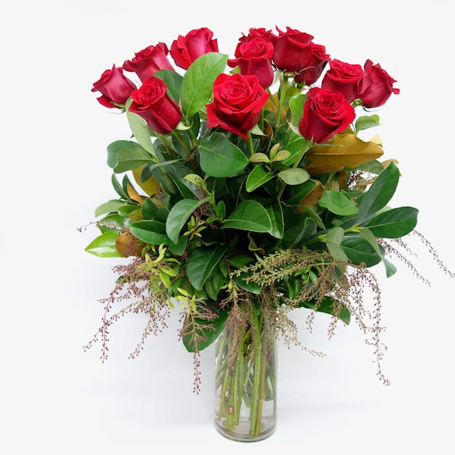 * One Dozen Roses in Glass Vase